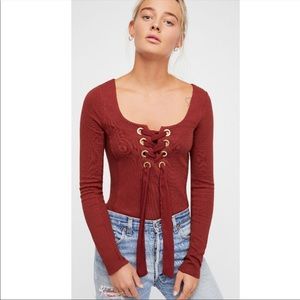Free People Looking Back Rust Colored Lace Up long Sleeve Top Size Medium